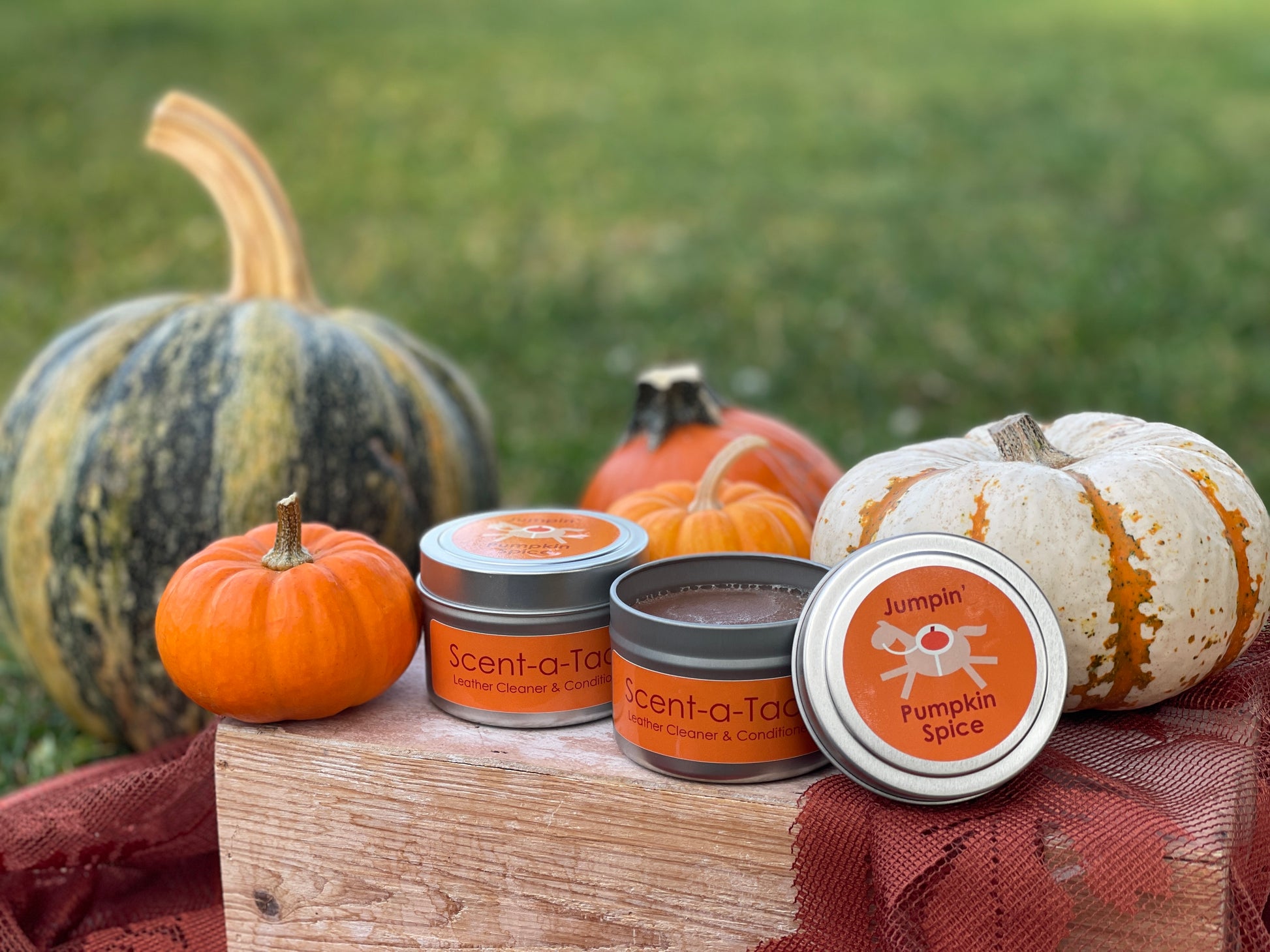 Scent-a-Tack tins with pumpkins on a wooden block outdoors